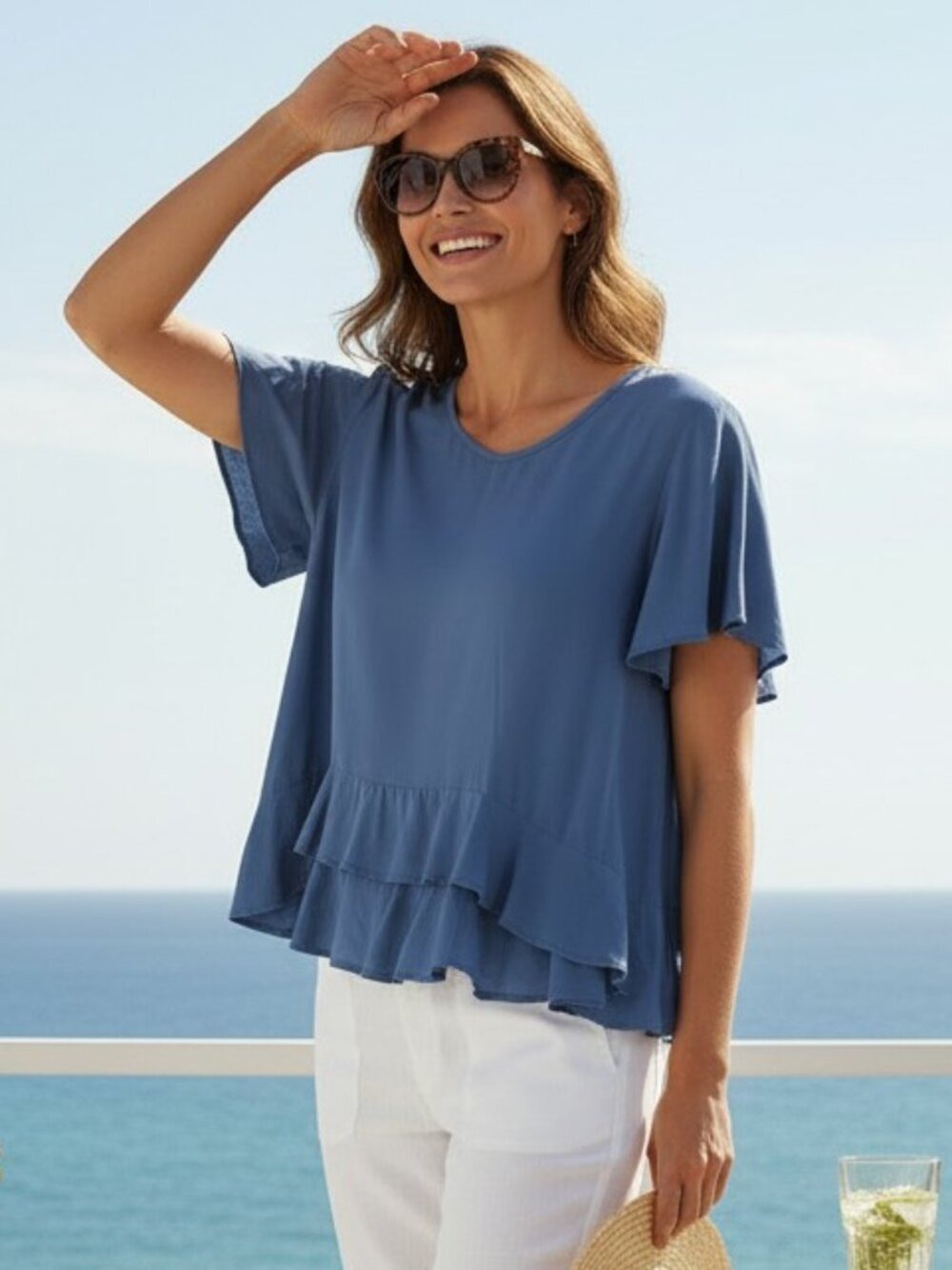 Shore Blue Ruffle Hem Blouse Open Back Tassel Tie Top Boho Flowy Size M